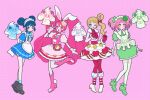  4girls :d aizawa_mint alcremie alcremie_(berry_sweet) alcremie_(matcha_cream) alcremie_(strawberry_sweet) alcremie_(vanilla_cream) amulet_clover animal_ears apron arms_behind_back black_footwear blonde_hair blue_dress blue_eyes blue_hair boots bow cake_hair_ornament clover_hair_ornament commentary_request crossover cure_whip double_bun dress earrings food-themed_hair_ornament frilled_apron frills fukuhara_ann full_body gloves green_dress green_footwear hair_bun hair_ornament hand_up highres jewelry kirakira_precure_a_la_mode knee_boots long_hair looking_at_viewer magical_girl maid maid_headdress multiple_crossover multiple_girls nyaasechan open_mouth pink_background pink_bow pink_dress pink_eyes pink_footwear pink_gloves pink_hair pleated_dress pom_pom_(clothes) pom_pom_earrings precure pretty_rhythm pretty_rhythm_rainbow_live pretty_series puffy_short_sleeves puffy_sleeves rabbit_ears red_gloves shoes short_hair short_sleeves shugo_chara! side_ponytail smile standing standing_on_one_leg tokyo_mew_mew trait_connection twintails usami_ichika v white_apron white_footwear 
