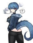  1girl ? ass black_pants black_ribbon black_shirt blue_eyes blue_hair blue_hoodie choker cigarette cropped_legs earrings from_behind hand_in_pocket highres hood hood_down hoodie jewelry kame-chan_(oligogi_meoggosipda) lizard_tail looking_at_viewer mole mole_under_eye no_pupils oligogi_meoggosipda original pants parted_lips ribbon ribbon_choker shirt short_hair simple_background smoke smoke_trail smoking speech_bubble spoken_question_mark standing stud_earrings tail tomboy white_background 