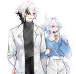  2girls ahoge arlecchino_(genshin_impact) bag black_eyes black_pants black_shirt blue_eyes blue_hair blue_sweater closed_mouth commentary furina_(genshin_impact) genshin_impact glaciel holding holding_ice_cream_cone ice_cream_cone jacket lapels long_hair long_sleeves midriff multicolored_hair multiple_girls notched_lapels open_clothes open_jacket open_mouth pants pointing red_pupils shirt shoulder_bag signature simple_background standing sweater symbol-shaped_pupils turtleneck turtleneck_shirt two-tone_hair white_background white_jacket white_pants white_shirt x-shaped_pupils yuri 