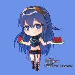  1girl bare_shoulders belt bikini blue_background blue_bikini blue_eyes blue_hair brand_of_the_exalt brown_belt chibi chibi_only closed_mouth english_commentary fire_emblem fire_emblem_awakening fire_emblem_cipher food fruit full_body hair_between_eyes highres holding holding_food holding_fruit holding_plate looking_at_viewer lucina_(fire_emblem) nyawn5 official_alternate_costume plate smile solo swimsuit symbol_in_eye tiara watermelon watermelon_slice 