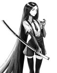  1girl absurdres black_hair bort character_request copyright_request greyscale highres houseki_no_kuni katana long_hair makeup monochrome necktie shorts simple_background socks solo suspenders sword very_long_hair weapon white_background yonq98 