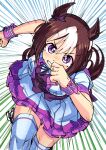 1girl animal_ears brown_hair dutch_angle ear_ribbon emphasis_lines highres horse_ears horse_girl horse_tail horyuu multicolored_hair neck_ribbon puffy_short_sleeves puffy_sleeves purple_eyes purple_ribbon ribbon running short_hair short_sleeves skirt solo special_week_(umamusume) tail thighhighs two-tone_hair umamusume white_hair white_skirt white_thighhighs wrist_cuffs 