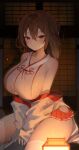  1girl absurdres ahoge bare_shoulders between_legs blue_eyes breasts brown_hair chimyo closed_mouth commission dark garter_straps hakama hakama_skirt hand_between_legs highres hip_vent huge_breasts japanese_clothes kimono lamp long_hair looking_at_viewer microskirt off_shoulder one_side_up open_clothes original pleated_skirt red_skirt second-party_source shadow shirt sideboob skirt sleeveless sleeveless_shirt smile solo sweat thighhighs thighs white_kimono white_shirt white_thighhighs wide_sleeves 