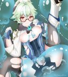  1girl absurdres animal_ears blur_censor blush breasts breasts_out censored dress fox_ears genshin_impact glasses gloves green_hair highres leggings looking_at_viewer meganekai15 nipples orange_eyes short_hair shorts slime_(creature) small_breasts solo sucrose_(genshin_impact) tagme torn_clothes torn_dress torn_leggings torn_shorts vaginal vision_(genshin_impact) 