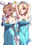  1girl @_@ aqua_dress armpits arms_up arrow_(symbol) artist_logo bare_shoulders blonde_hair breasts brooch cleavage collarbone covered_navel crown disembodied_limb dress earrings emoji hair_over_one_eye highres hypnosis jewelry large_breasts long_dress long_hair mario_(series) mind_control mini_crown multiple_views off-shoulder_dress off_shoulder pink_lips pink_nails red_eyes rosalina simple_background smiley_face spoken_emoji star_(symbol) star_brooch star_earrings toggy_keiichi undressing_another white_background 