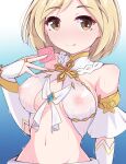  1girl absurdres blonde_hair breasts bridal_gauntlets condom condom_wrapper cosplay covered_nipples djeeta_(granblue_fantasy) granblue_fantasy highres kuroha_koudai medium_breasts navel princess_connect! see-through short_hair solo tongue tongue_out yellow_eyes yui_(ceremonial)_(princess_connect!) yui_(princess_connect!) yui_(princess_connect!)_(cosplay) 