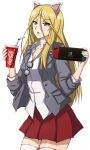  1girl absurdres animal_ears black-framed_eyewear blazer blonde_hair blouse brown_eyes cat_ears coca-cola coke-bottle_glasses collared_shirt commentary cosplay cowboy_shot cup disposable_cup dress_shirt drinking_straw emblem fake_animal_ears girls_und_panzer glasses grey_jacket hair_between_eyes handheld_game_console highres holding holding_cup holding_handheld_game_console jacket kay_(girls_und_panzer) kay_(girls_und_panzer)_(cosplay) long_hair long_sleeves looking_at_viewer miniskirt nekonyaa_(girls_und_panzer) nintendo_switch no_necktie omachi_(slabco) open_clothes open_jacket open_mouth partially_unbuttoned pleated_skirt red_skirt round_eyewear saunders_(emblem) saunders_school_uniform school_uniform shirt simple_background skirt sleeves_rolled_up solo standing thighhighs unworn_eyewear white_background white_shirt white_thighhighs wing_collar 