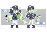  2girls :&lt; :d armband arms_up barcode blue_archive blue_armband blue_footwear blue_hair blue_jacket blue_shorts boots buttons chibi chibi_only demon_tail double-breasted earrings fang gloves green_hair green_halo grey_background halo hands_on_own_hips hat highres hikari_(blue_archive) jacket jewelry long_hair looking_at_viewer multiple_girls nemoga nozomi_(blue_archive) outline pantyhose peaked_cap pleated_skirt pointy_ears shorts siblings sidelocks single_earring sisters skin_fang skirt smile tail twins twintails very_long_hair whistle white_gloves white_outline white_pantyhose yellow_eyes 