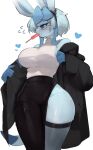 anthro big_breasts blue_hair breasts clothed clothing eeveelution female food fur generation_4_pokemon glaceon hair heart_symbol hi_res legwear mammal nintendo pokemon pokemon_(species) popsicle popsicle_in_mouth simple_background solo stockings tail thick_thighs white_body white_fur yoru_vida