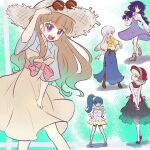  5girls ascot black_hair blonde_hair blue_skirt brown_hair dress frilled_skirt frills goha_yuuna gradient_hair green_eyes green_hair hat highres kamijou_ehoko kirishima_rovian knockknock_wall long_hair looking_at_viewer looking_back low_twintails multicolored_hair multiple_girls mutsuba_asaka ohdo_yuamu open_mouth purple_eyes side_ponytail skirt smile straw_hat sunglasses twintails white_hair yellow_ascot yu-gi-oh! yu-gi-oh!_go_rush!! 