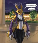 2023 anthro bandai_namco biped black_sclera blue_eyes breasts building canid canine clothing colored countershading dialogue dialogue_box digimon digimon_(species) english_text female fishfunk fur hi_res instant_loss_2koma jacket looking_at_viewer mammal medium_breasts night outside plant renamon sky solo speech_bubble tail talking_to_viewer text topwear tree white_body white_countershading white_fur yellow_body yellow_fur yellow_tail