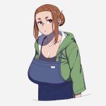  1girl apron black_tank_top blue_apron breasts brown_eyes brown_hair cleavage commentary_request green_hoodie hair_bun highres hood hoodie huge_breasts kaii_to_otome_to_kamigakushi looking_to_the_side mole mole_under_eye ogawa_sumireko onsen_tamago_(hs_egg) sidelocks solo tank_top thick_eyebrows upper_body white_background 