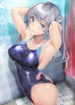  1girl armpits arms_behind_head ass bathroom blue_eyes blue_one-piece_swimsuit blush breasts collarbone commentary_request competition_swimsuit from_side gentsuki grey_hair highres kimi_omou_koi kuroe_(kimi_omou_koi) large_breasts looking_at_viewer looking_to_the_side one-piece_swimsuit shiny_swimsuit shower_(place) shower_curtain showering solo swimsuit tile_wall tiles twintails water_drop wet 
