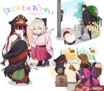  2boys 4girls ^^^ ahoge back_bow black_bow black_hair black_hat blonde_hair bow brown_hair chacha_(fate) closed_eyes closed_mouth coat coat_on_shoulders commentary_request fate/grand_order fate_(series) flying_sweatdrops green_bag hair_bow hakama hat hijikata_toshizou_(fate) jacket japanese_clothes kimono long_hair multiple_boys multiple_girls oda_nobukatsu_(fate) oda_nobunaga_(fate) oda_nobunaga_(koha-ace) oda_uri okita_souji_(fate) okita_souji_(koha-ace) omi_(tyx77pb_r2) open_mouth papaya peaked_cap pink_hakama pink_kimono purple_bow red_eyes short_hair smile speech_bubble squatting track_jacket translation_request waving 