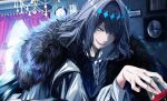  1boy absurdres antinese black_hair blue_eyes cape cloak collared_shirt crown diamond_hairband fate/grand_order fate_(series) fur-trimmed_cape fur-trimmed_cloak fur_trim highres insect_wings long_sleeves male_focus medium_hair oberon_(fate) oberon_(third_ascension)_(fate) official_alternate_hair_color shirt smile solo upper_body white_shirt wings 