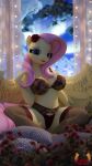  3d_(artwork) absurd_res anthro biped bra breasts clothed clothing digital_media_(artwork) equid equine eyelashes feathers female fluttershy_(mlp) friendship_is_magic garter_belt garter_straps hair hasbro hi_res legwear loveslove mammal my_little_pony mythological_creature mythological_equine mythology panties pegasus pink_hair pupils sitting solo thigh_highs underwear wings yellow_body yellow_feathers 