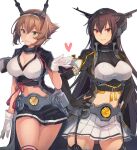  2girls black_hair brown_hair elbow_gloves fingerless_gloves flipped_hair gloves green_eyes hairband headgear heart highres kantai_collection kasumi_(skchkko) long_hair metal_belt multiple_girls mutsu_(kancolle) nagato_(kancolle) pleated_skirt radio_antenna red_eyes short_hair skirt thighhighs white_gloves 