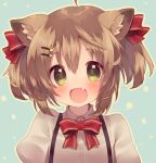  1girl ahoge animal_ear_fluff animal_ears blue_background blush bow bowtie brown_hair cat_ears character_request collared_shirt commentary_request copyright_request fang green_eyes hair_bow hair_ornament hairclip looking_at_viewer open_mouth outline paw_hair_ornament puffy_short_sleeves puffy_sleeves red_bow red_bowtie shirt short_hair short_sleeves short_twintails simple_background smile solo starry_background suspenders twintails upper_body usamata white_shirt white_sleeves yellow_outline 
