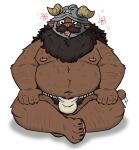 2024 alternate_species anthro armor asian_clothing bear beard belly big_belly campfire_donut clothing delicious_in_dungeon east_asian_clothing facial_hair fundoshi headgear helmet hi_res japanese_clothing male mammal moobs mustache navel nipples overweight overweight_male senshi_(delicious_in_dungeon) sitting solo tail tail_motion tailwag underwear white_clothing white_fundoshi white_underwear