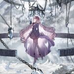  1girl arcaea boots bow chain closed_mouth cloud cloudy_sky day dress full_body gawako hair_bow high_heel_boots high_heels highres hikari_(arcaea) hill ice long_hair long_sleeves official_art outdoors pink_bow pink_dress pink_eyes pink_hair sky solo standing standing_on_one_leg thigh_boots twitter_username wavy_hair white_footwear wide_sleeves 