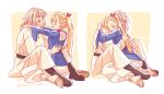  2girls blonde_hair blue_dress blush boots braid brown_footwear closed_mouth commentary dress dungeon_meshi elf english_commentary falin_touden falin_touden_(tallman) french_braid hair_ribbon hands_on_another&#039;s_back highres hug light_brown_hair long_sleeves marcille_donato multiple_girls open_mouth pointy_ears ponytail red_ribbon ribbon robe sandals short_hair smile soaptaculart twitter_username white_robe yuri 