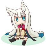  1girl 7th_dragon_(series) 7th_dragon_2020 :&lt; animal_ear_fluff animal_ears black_cape black_footwear blue_bow blue_eyes blush boots bow brown_jacket cape chibi chitrine_(7th_dragon) closed_mouth colored_shadow commentary_request full_body grey_hair hair_bow jacket jitome knee_boots long_hair long_sleeves looking_at_viewer lucier_(7th_dragon) naga_u puffy_long_sleeves puffy_sleeves shadow simple_background sitting solo thick_eyebrows very_long_hair white_background 