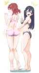  2girls :d absurdres angry ass ass_smack blue_hair blush bra breasts calvin_klein chokkakudo closed_eyes commentary_request from_behind grey_bra grey_panties hair_ornament hairclip happy highres large_breasts long_hair love_live! love_live!_nijigasaki_high_school_idol_club medium_hair multiple_girls open_mouth panties pink_bra pink_hair pink_panties smile sports_bra sweatdrop thumbs_up uehara_ayumu underwear white_background yellow_eyes yuki_setsuna_(love_live!) 