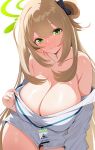  1girl absurdres blonde_hair blue_archive blush breasts cleavage collarbone green_eyes hair_ornament highres id_card large_breasts long_hair looking_at_viewer ni_tamago_sando no_bra no_pants nonomi_(blue_archive) off_shoulder shirt simple_background smile solo white_background white_shirt 
