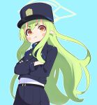  1girl black_hat black_jacket black_skirt blue_archive blue_background crossed_arms green_hair green_halo halo highres hikari_(blue_archive) jacket long_hair looking_at_viewer pointy_ears ria_(52266382) shirt short_eyebrows sidelocks skirt solo white_shirt yellow_eyes 