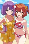  adapted_costume bikini brown_eyes brown_hair checkered_bikini checkered_clothes cloud cloudy_sky floral_print hieda_no_akyuu looking_at_viewer motoori_kosuzu nekokawa_isugi ocean one-piece_swimsuit purple_eyes purple_hair red_bikini sky smile stomach summer swimsuit touhou yellow_one-piece_swimsuit 