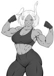  abs absurdres animal_ears biting_own_lip boku_no_hero_academia flexing gloves highres leggings milka01477 mirko muscular muscular_female rabbit_ears short_hair sweat tank_top white_hair 