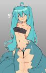  1girl absurdres ahoge aqua_eyes aqua_hair aqua_nails bare_shoulders black_tube_top blush cowboy_shot gradient_background grey_background hair_between_eyes hatsune_miku highres knuxy lamia long_hair looking_at_viewer midriff monster_girl navel parted_lips scales smile solo strapless tube_top very_long_hair vocaloid 