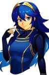  1girl artist_name blue_eyes blue_hair brand_of_the_exalt breasts cropped_torso english_commentary fire_emblem fire_emblem_awakening hair_between_eyes highres long_hair long_sleeves looking_at_viewer lucina_(fire_emblem) sidelocks small_breasts smgold smile solo symbol_in_eye tiara upper_body white_background 