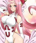  1girl bangs bare_shoulders blue_eyes blush breasts collarbone elbow_gloves eyebrows_visible_through_hair facial_mark forehead_mark gloves hat highleg hips houshin_engi large_breasts leotard long_hair nemuko09 pink_hair shawl smile so_dakki solo white_gloves 