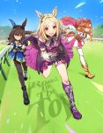 3girls :d admire_vega_(umamusume) animal_ears ankle_boots asymmetrical_footwear black_footwear black_gloves blonde_hair boots bow bowtie brown_hair cape copyright_name crown ear_covers gloves highres horse_ears horse_girl horse_racing_track horse_tail knee_boots long_hair long_sleeves low_ponytail mini_crown mismatched_footwear multiple_girls nanaheibei_3 narita_top_road_(umamusume) necktie orange_eyes orange_hair orange_tail parted_bangs pink_cape purple_eyes purple_footwear purple_shorts running short_hair shorts single_ear_cover smile t.m._opera_o_(umamusume) tail thighhighs umamusume umamusume:_road_to_the_top white_bow white_bowtie white_footwear white_necktie white_thighhighs 
