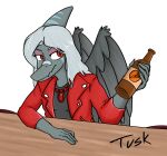 2024 5_fingers alcohol alpha_channel anthro beer beer_bottle beverage bottle cavemanon_studios clothing container digital_drawing_(artwork) digital_media_(artwork) dinosaur eyelashes feathered_wings feathers female fingers grey_body grey_scales hair hi_res jacket jacket_ignites long_hair pterodactylus pterosaur red_eyes reptile scales scalie silver_hair simple_background sitting snoot_game snout solo topwear transparent_background tusk_(snoot_game) wings