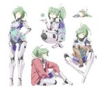  automatic_giraffe battery_indicator brown_jacket chibi chibi_inset contrapposto elbow_on_knee english_commentary exposed_bone green_eyes green_hair hair_tie hand_on_own_arm humanoid_robot jacket looking_at_object looking_at_viewer looking_to_the_side lying on_back original ponytail recharging red_jacket robot signature simple_background sitting sleeping spread_legs squatting standing white_background 