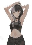 1girl :o absurdres alternate_costume armpits arms_behind_head arms_up bare_arms black_choker black_hair black_nails black_shorts black_tank_top blunt_bangs blush breasts choker collarbone cowboy_shot crop_top dimas_(dimas79756948) from_below grey_hair hair_ornament hashtag-only_commentary highres hololive hololive_english long_hair looking_at_viewer looking_down medium_breasts multicolored_hair navel open_fly parted_lips shiori_novella short_shorts shorts sidelocks simple_background solo split-color_hair streaked_hair tank_top thick_eyelashes virtual_youtuber white_background yellow_eyes 