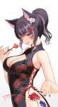  10_plus 1girl animal_ear_fluff animal_ears black_dress black_hair black_nails blush breasts candy cat_ears cat_girl china_dress chinese_clothes cleavage cleavage_cutout clothing_cutout commission dress english_text eyeshadow facial_mark floral_print flower food grey_hair hair_flower hair_ornament heart heart_hair_ornament highres holding holding_candy holding_food holding_lollipop large_breasts licking_lips lollipop looking_at_breasts makeup medium_hair multicolored_hair original ponytail red_eyes red_eyeshadow sidelocks simple_background skeb_commission sleeveless sleeveless_dress solo tattoo tongue tongue_out white_background 