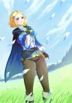  1girl black_cape blonde_hair blue_eyes boots braid breasts brown_gloves brown_pants cape commentary_request crown_braid feathers fingerless_gloves gloves grass hair_ornament hairclip hand_on_own_chest highres jin_(funaki_gen) medium_breasts medium_hair pants pointy_ears princess_zelda solo the_legend_of_zelda the_legend_of_zelda:_tears_of_the_kingdom two-sided_cape two-sided_fabric 