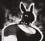 2024 abstract_background anthro biped bun_bash collar ears_up female glowing glowing_eyes gynomorph_(lore) hair hare hi_res in_the_shadows lagomorph leporid mammal monochrome muscular muscular_anthro muscular_female one_eye_obstructed peculiart rabbit ruth_(peculiart) short_hair solo