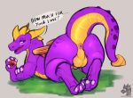 activision anus balls dragon english_text european_mythology feral flushed gem genitals hi_res horn looking_at_viewer lying male mythological_creature mythological_scalie mythology on_front paws presenting purple_body purple_eyes purple_scales scales scalie solo spyro_the_dragon text western_dragon yellow_horn zyria