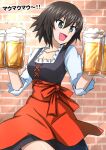  1girl :d alcohol apron beer beer_mug black_dress blue_eyes brick_wall brown_hair commentary cowboy_shot cup dress german_clothes girls_und_panzer hida_ema highres holding holding_cup long_sleeves looking_to_the_side mug omachi_(slabco) open_mouth red_apron short_hair smile solo standing translated waist_apron 