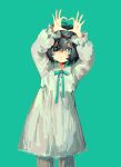  1girl absurdres arms_up black_hair dress expressionless green_background green_eyes green_ribbon heart heart_hands highres looking_at_viewer neck_ribbon nobiu0112 original ribbon short_hair simple_background sketch solo white_dress 