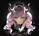  1girl absurdres black_background black_horns blush crown head_rest highres horns k_hottok long_hair looking_at_viewer master_detective_archives:_rain_code purple_eyes purple_hair reflection shinigami_(rain_code) smile solo symbol_in_eye twintails upper_body 