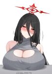  1girl absurdres amai-pai artist_name black_hair blue_archive blush breast_rest breasts cleavage cleavage_cutout clothing_cutout fanbox_username grey_sweater halo hasumi_(blue_archive) highres huge_breasts long_hair long_hair_between_eyes looking_at_viewer mole mole_under_eye nose_blush patreon_username red_eyes sleeveless sleeveless_sweater solo straight_hair sweater very_long_hair 