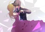  1boy 1girl ahoge akamatsu_kaede bare_shoulders baseball_cap black_hair blonde_hair breasts buttons cleavage collarbone collared_jacket commentary_request crack crying crying_with_eyes_open danganronpa_(series) danganronpa_v3:_killing_harmony double-breasted dress elbow_gloves face-to-face frilled_dress frills glass_shards gloves green_eyes grey_background grey_hat grey_jacket grey_sleeves gun hair_between_eyes hand_on_another&#039;s_head handgun hands_on_another&#039;s_cheeks hands_on_another&#039;s_face hat hetero high_collar highres holding holding_gun holding_weapon jacket layered_sleeves long_dress long_hair long_sleeves looking_at_another medium_breasts nagichiro pink_dress pink_gloves pointing_gun sad_smile saihara_shuichi short_hair simple_background slit_pupils spoilers strapless strapless_dress streaming_tears tears weapon 