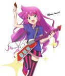  1girl arm_up blue_eyes blue_shirt card duel_disk earrings electric_guitar guitar haru_7road heart heart_earrings holding holding_card holding_guitar holding_instrument instrument jewelry kirishima_romin long_hair looking_at_viewer open_mouth purple_hair shirt simple_background skirt smile sparkle thighhighs white_background yu-gi-oh! yu-gi-oh!_sevens 