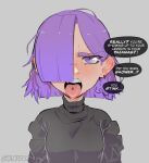  1girl artist_name black_shirt blunt_ends duolingo earrings english_commentary english_text grey_background hair_behind_ear hair_over_one_eye jewelry knuxy lily_(duolingo) open_mouth purple_eyes purple_hair shirt simple_background solo speech_bubble tongue 