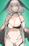  1girl :d arknights arm_strap bare_shoulders bikini black_choker breasts choker cleavage commentary cowboy_shot ekuesu green_background green_eyes grey_hair head_wings highres ho&#039;olheyak_(arknights) large_breasts long_hair looking_at_viewer navel open_mouth simple_background smile solo standing stomach swimsuit very_long_hair wings 